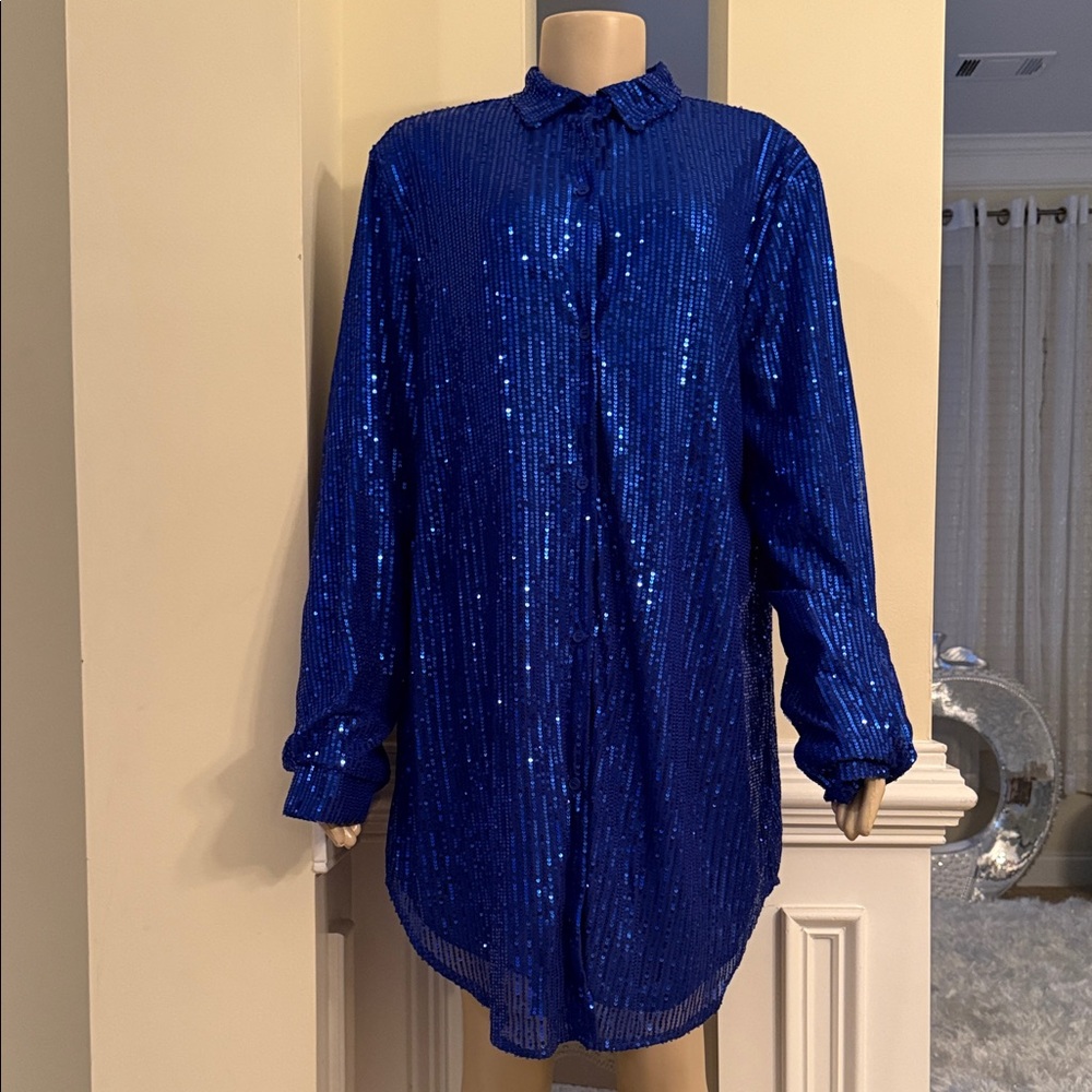 Blue Sequin Button-Up Shirt